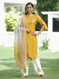 Juniper Mustard Mono Viscose Festive Wear Embroidered Straight Kurta Palazzo Dupatta Set | Grocsy