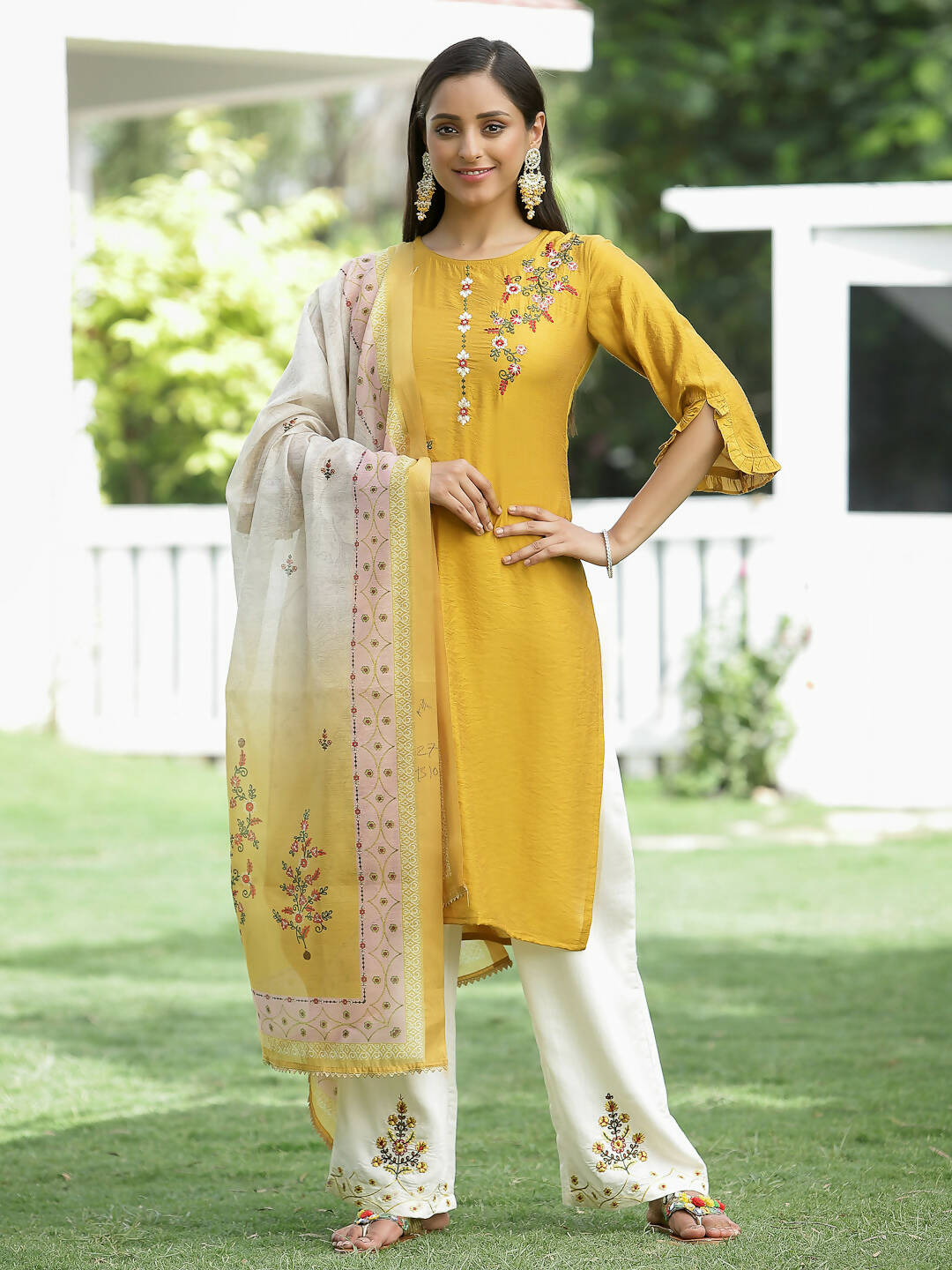 Juniper Mustard Mono Viscose Festive Wear Embroidered Straight Kurta Palazzo Dupatta Set | Grocsy
