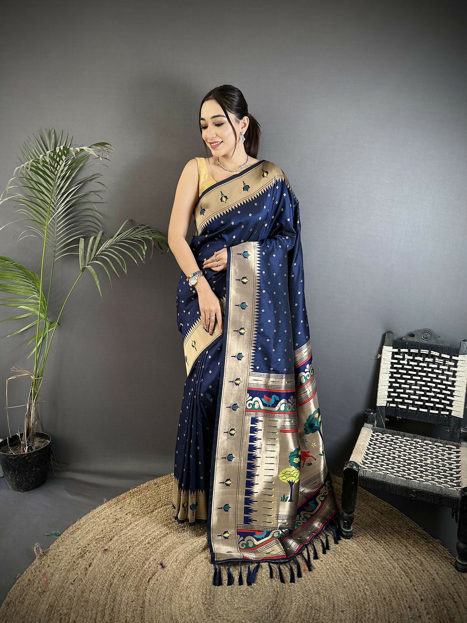 Joban Fashion Dark Blue Peacock & Floral Motifs Soft Lichi Silk Kanchipuram Saree | Grocsy