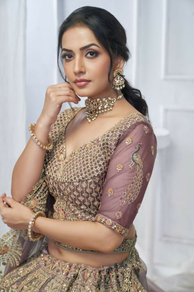 Kesar Fab Purple Net Embroidered Lehenga | Grocsy