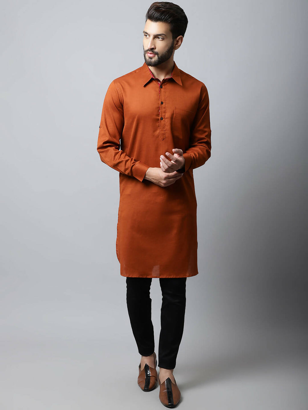 Even Apparels Brown Color Pure Cotton Solid Men's Kurta With Shirt Collar (SLD1137) | Grocsy