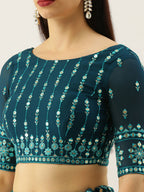 House of Panchhi Women Teal Georgette Sequins Work Lehenga & Blouse with Dupatta | Grocsy