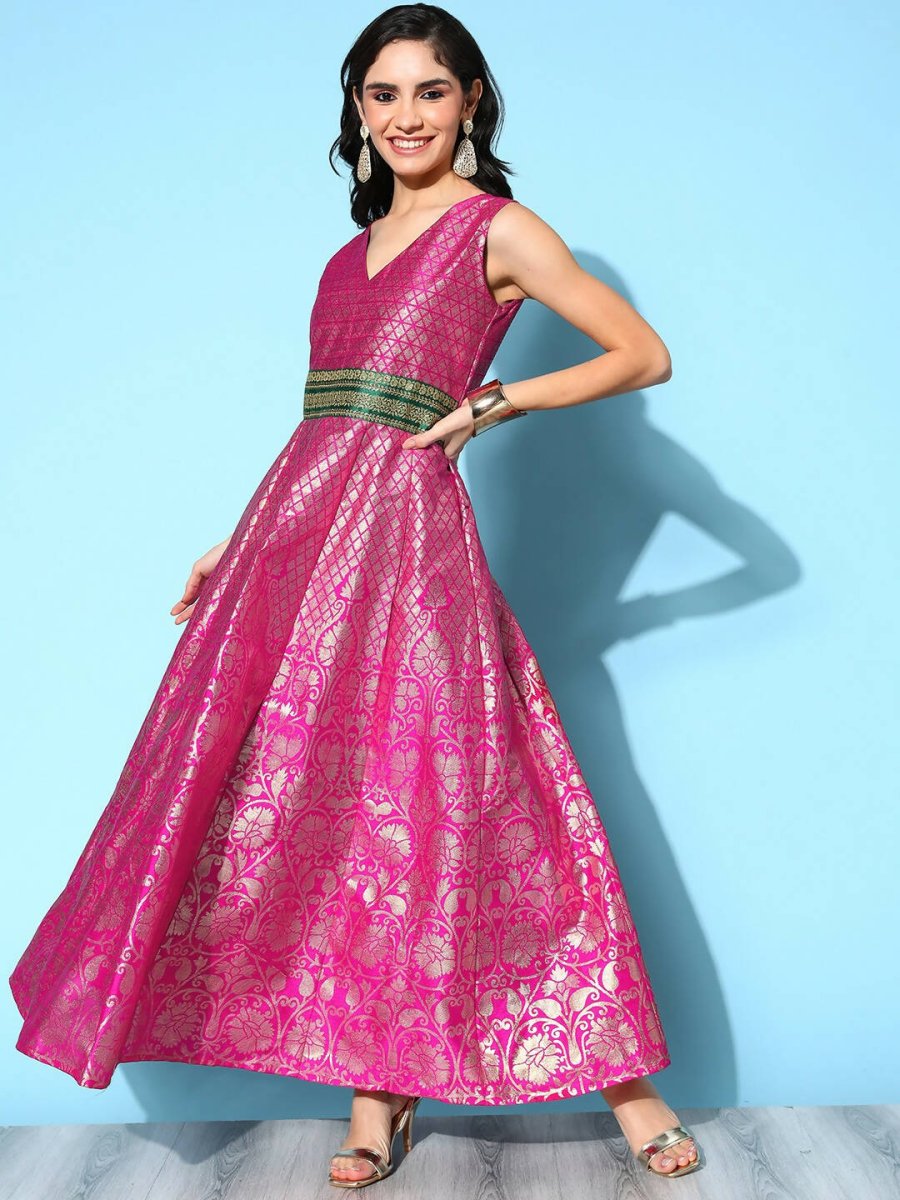 Ahalyaa Women Pink Poly Silk Gold Printed Dress | Grocsy