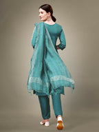 Jyoti Fashion Women's Teal Cotton Blend Embroidery & Sequence work Kurta with Trouser & Dupatta | Grocsy