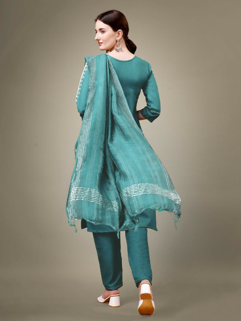 Jyoti Fashion Women's Teal Cotton Blend Embroidery & Sequence work Kurta with Trouser & Dupatta | Grocsy