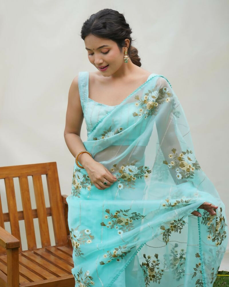 Vamsee Anamika Sky Organza Silk Saree | Grocsy
