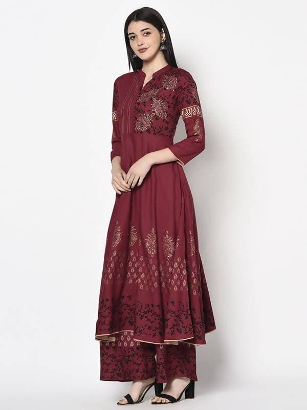 Aniyah Rayon Maroon Color Block Print Anarkali Palazzo Set (AN-181K) | Grocsy