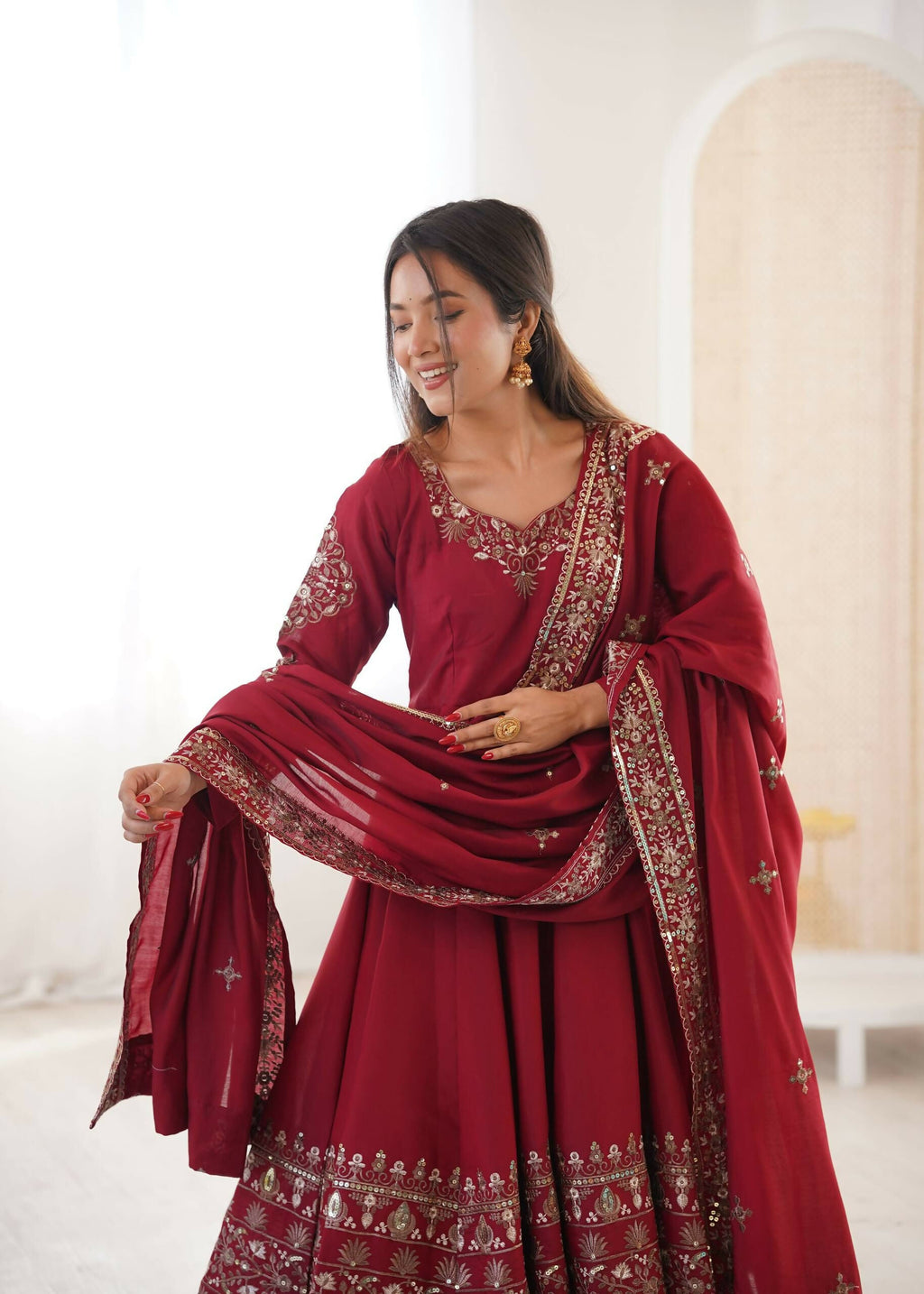 Teeya Creation Maroon Roman Silk Embroidery Work Party Wear Long Gown | Grocsy