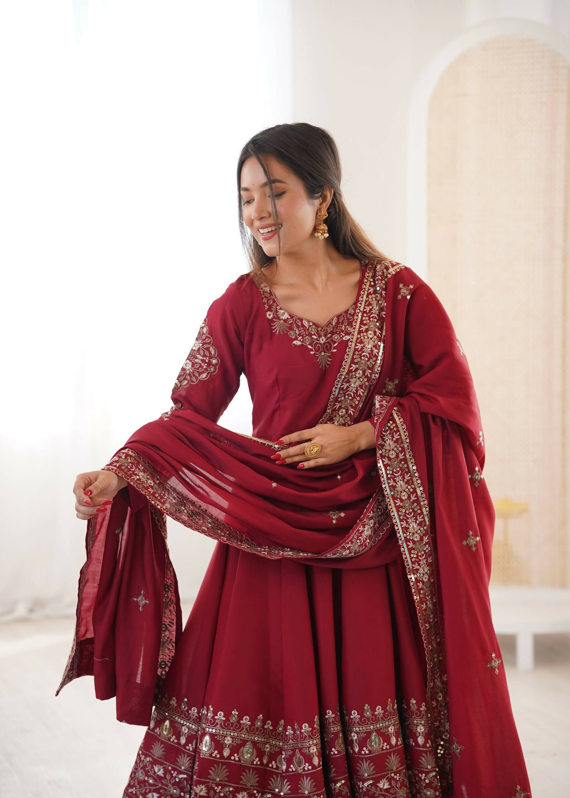 Teeya Creation Maroon Roman Silk Embroidery Work Party Wear Long Gown | Grocsy