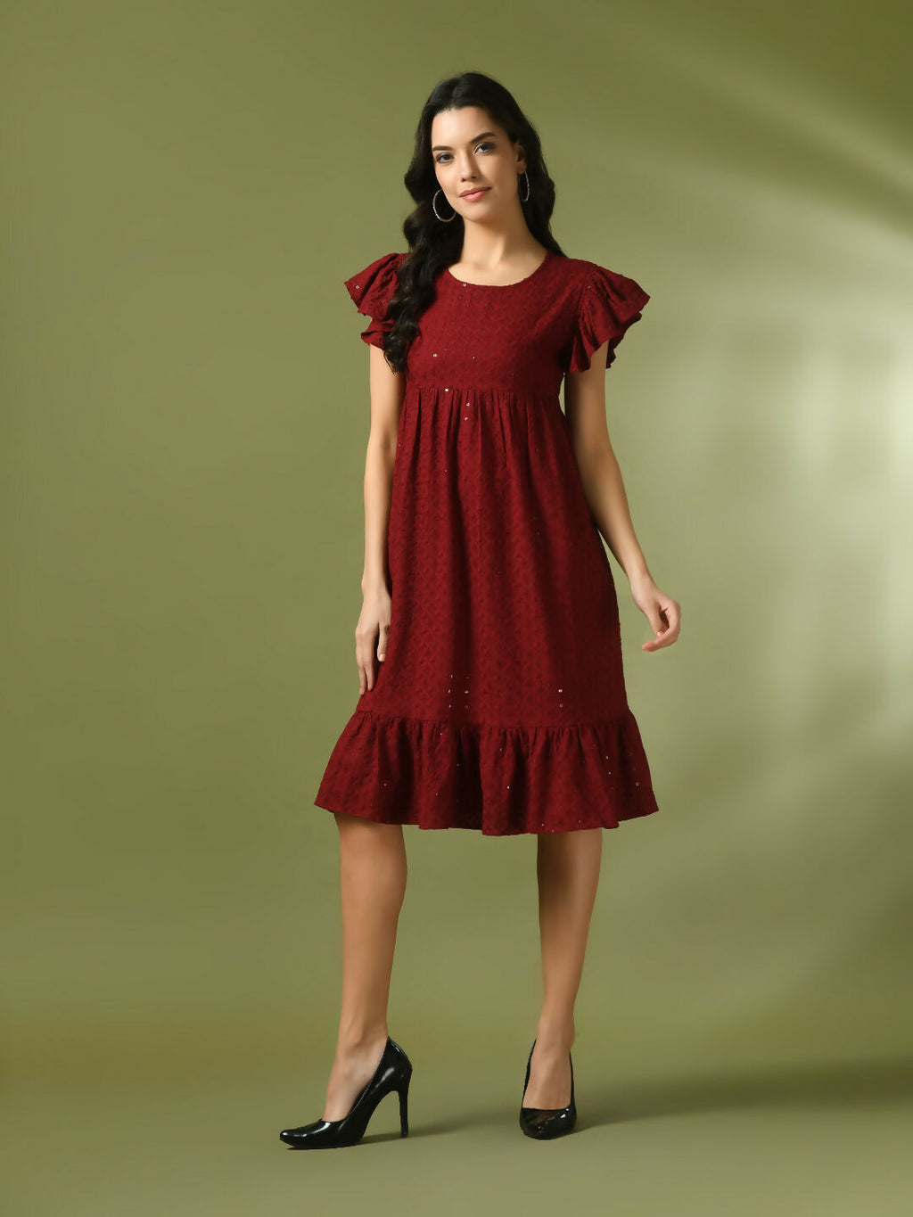 Myshka Women's Maroon Embroidered Cotton Round Neck A-Line Party Dress | Grocsy