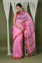Very Much Indian Handloom Cotton Silk Maheshwari Saree With Sleek Golden Border - Rose Pink | Grocsy