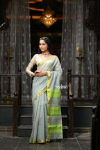 Very Much Indian VMI Exclusive Designer! Handloom Cotton Silk Saree With Sleek Golden Border - Sage Grey | Grocsy