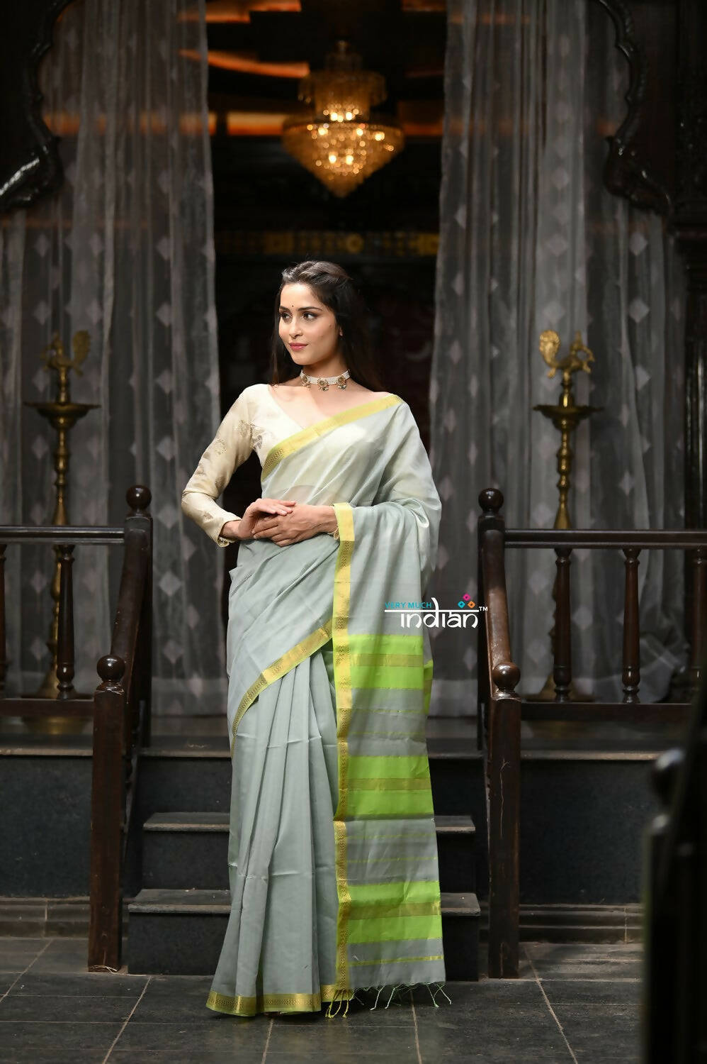 Very Much Indian VMI Exclusive Designer! Handloom Cotton Silk Saree With Sleek Golden Border - Sage Grey | Grocsy