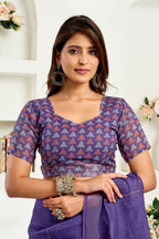 Joban Fashion Purple Geomatric Linen Ready To Wear Saree With Unstitched Blouse | Grocsy