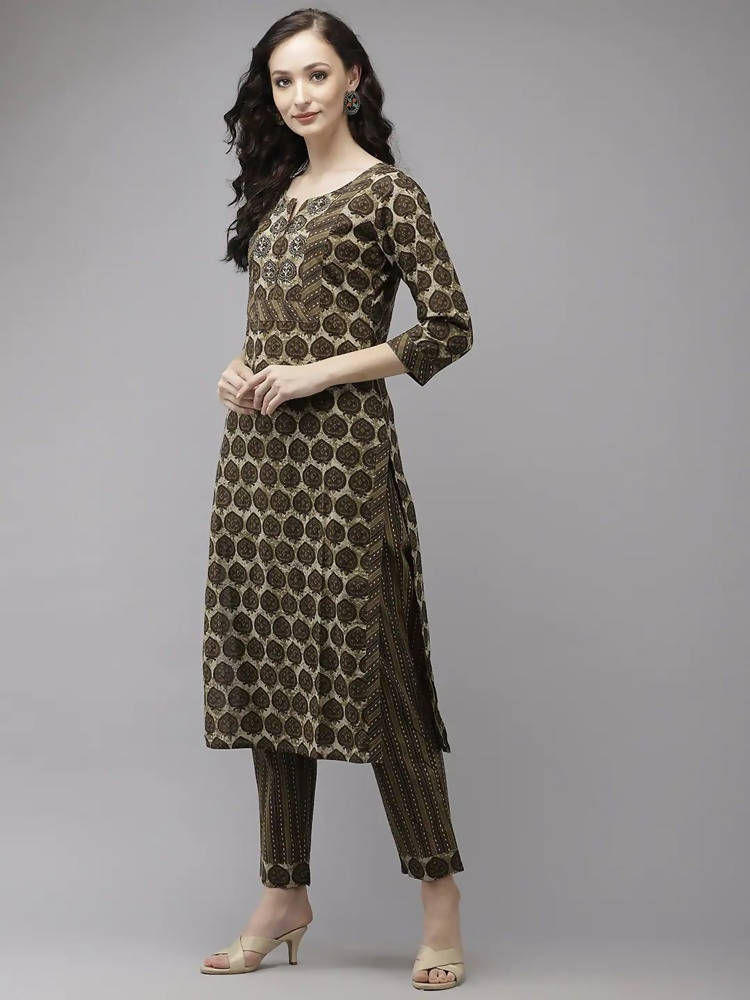Yufta Women Olive Green Regular Pure Cotton Kurta with Palazzo & With Dupatta | Grocsy