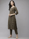 Yufta Women Olive Green Regular Pure Cotton Kurta with Palazzo & With Dupatta | Grocsy