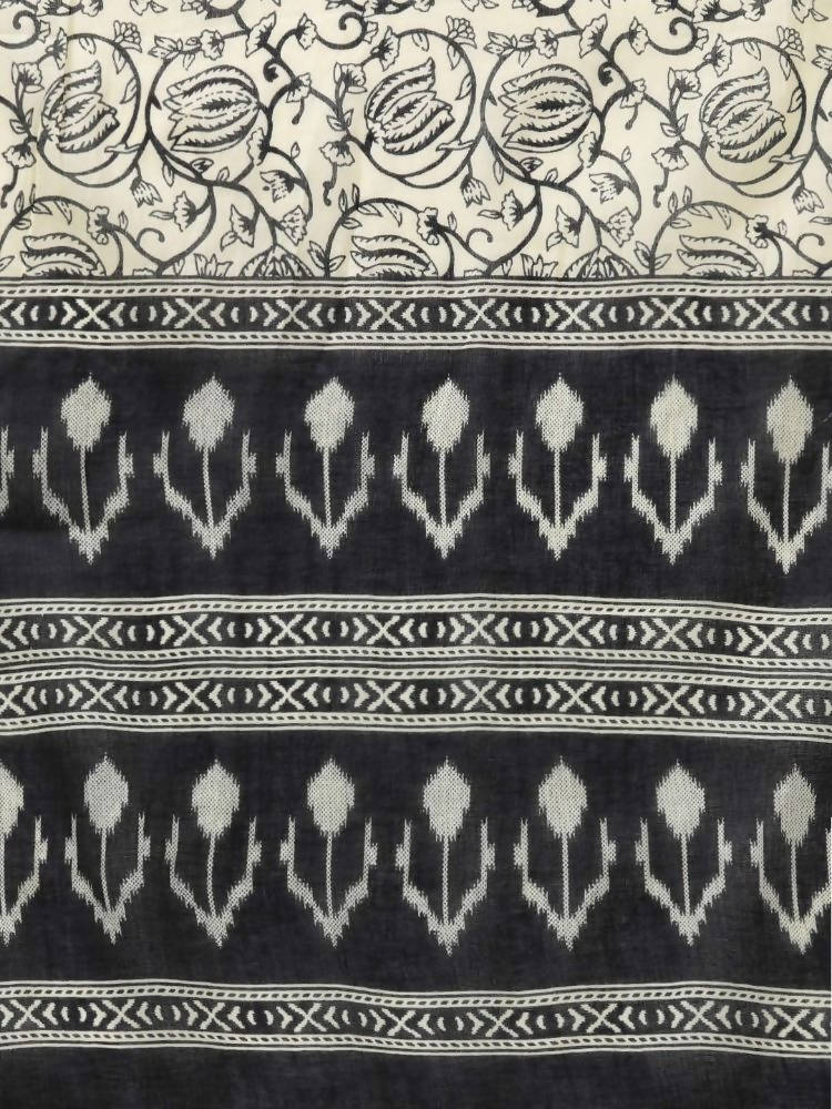 Yufta Black & Off-White Ethnic Screen Print Cotton Straight Kurta Palazzo & Dupatta | Grocsy