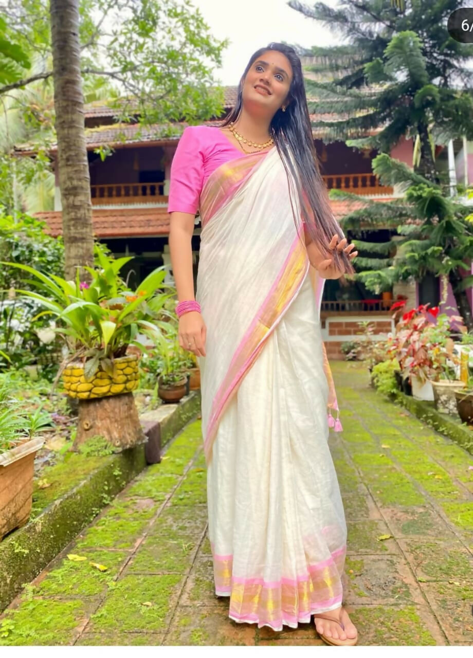 Exclusive Collection Beautiful White Pink Pure Cotton Hand Weaving Handloom Saree With Running Blouse Piece | Grocsy