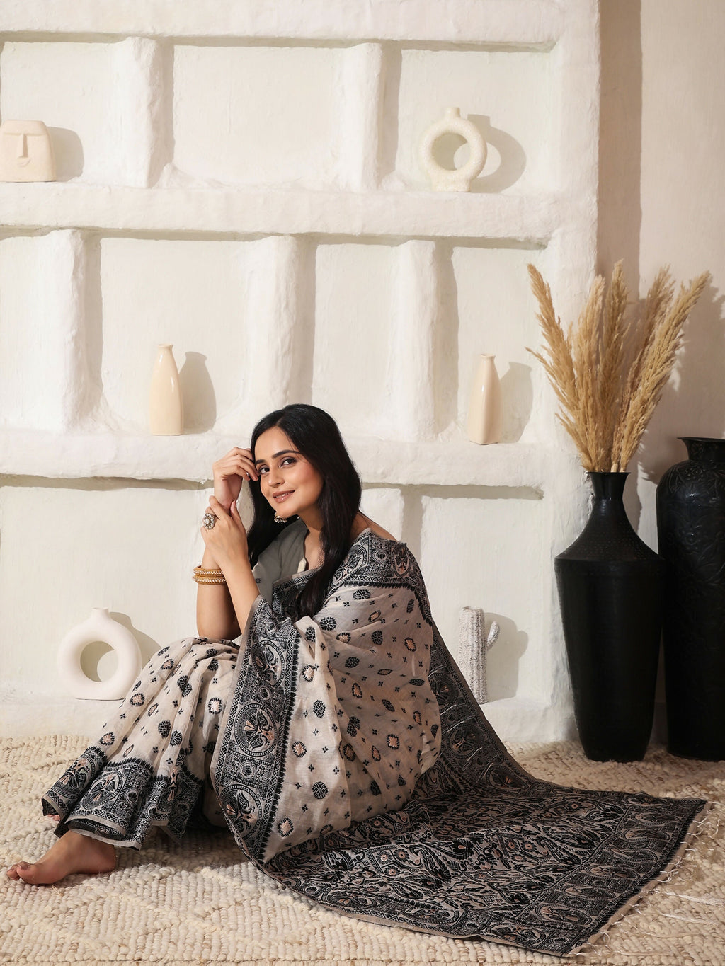 Shree Shyam Fashion Linen Cotton Black & Cream Saree | Grocsy