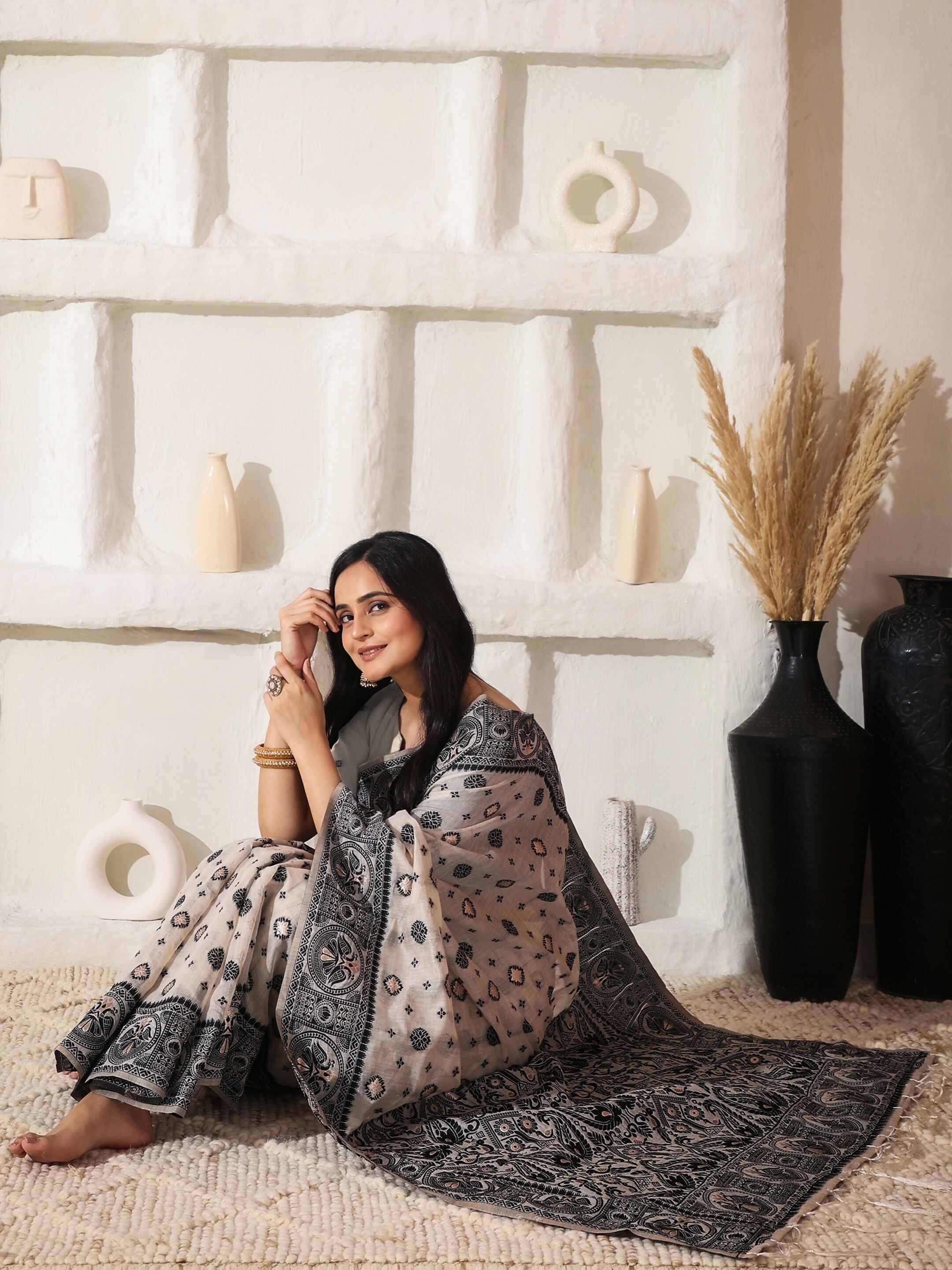 Shree Shyam Fashion Linen Cotton Black & Cream Saree | Grocsy