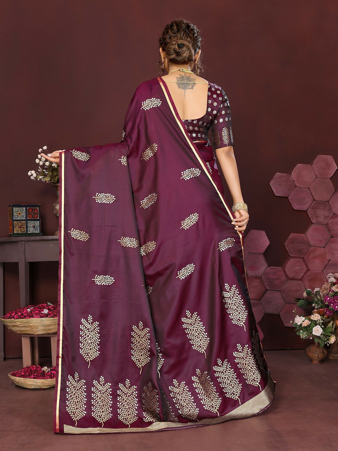 Joban Fashion Wine Floral Motifs Banarasi Silk Sarees | Grocsy
