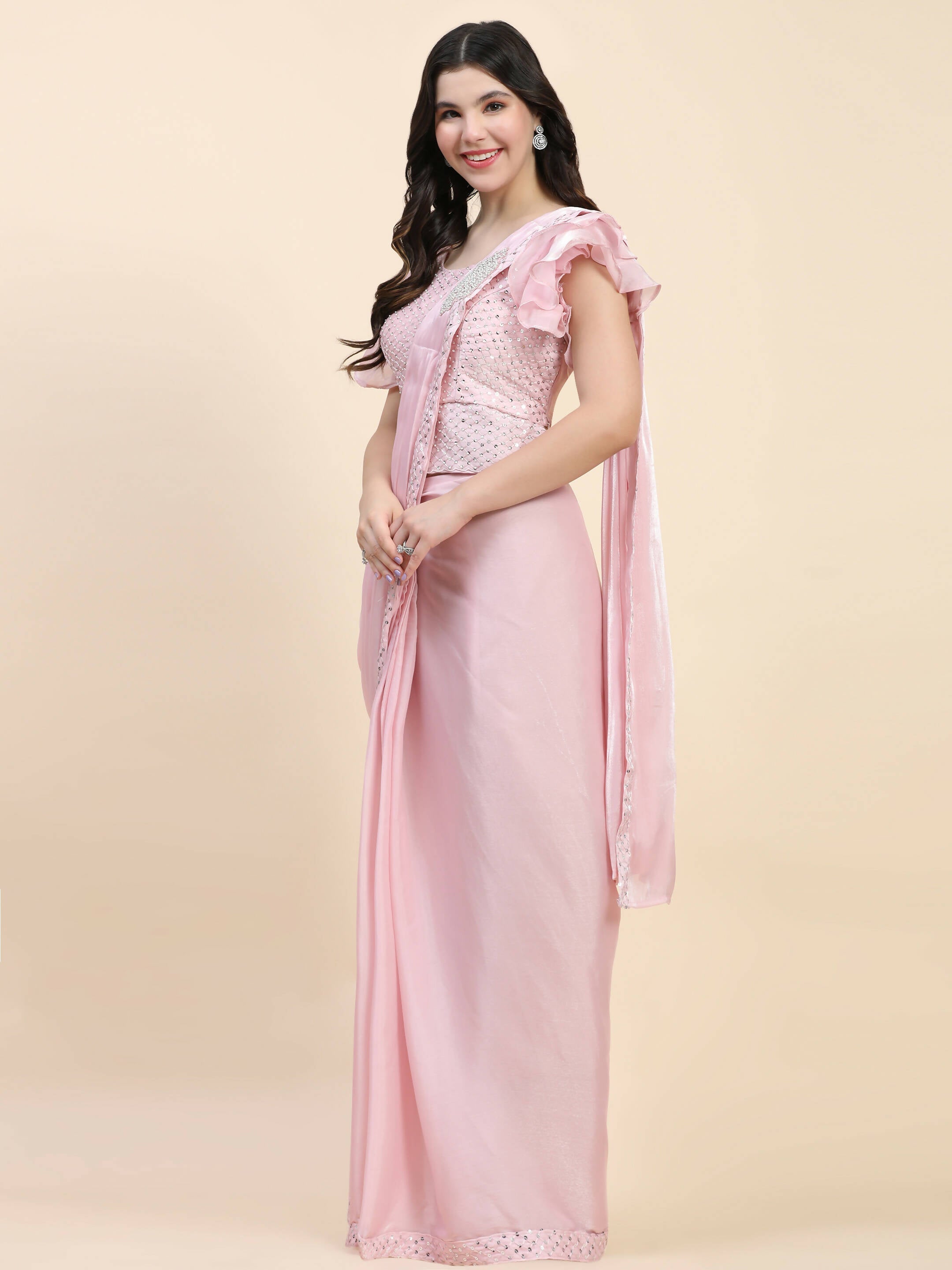 Pink Silk Satin Sequence Work Ready to Wear Saree with stitched Blouse - Nirvana | Grocsy