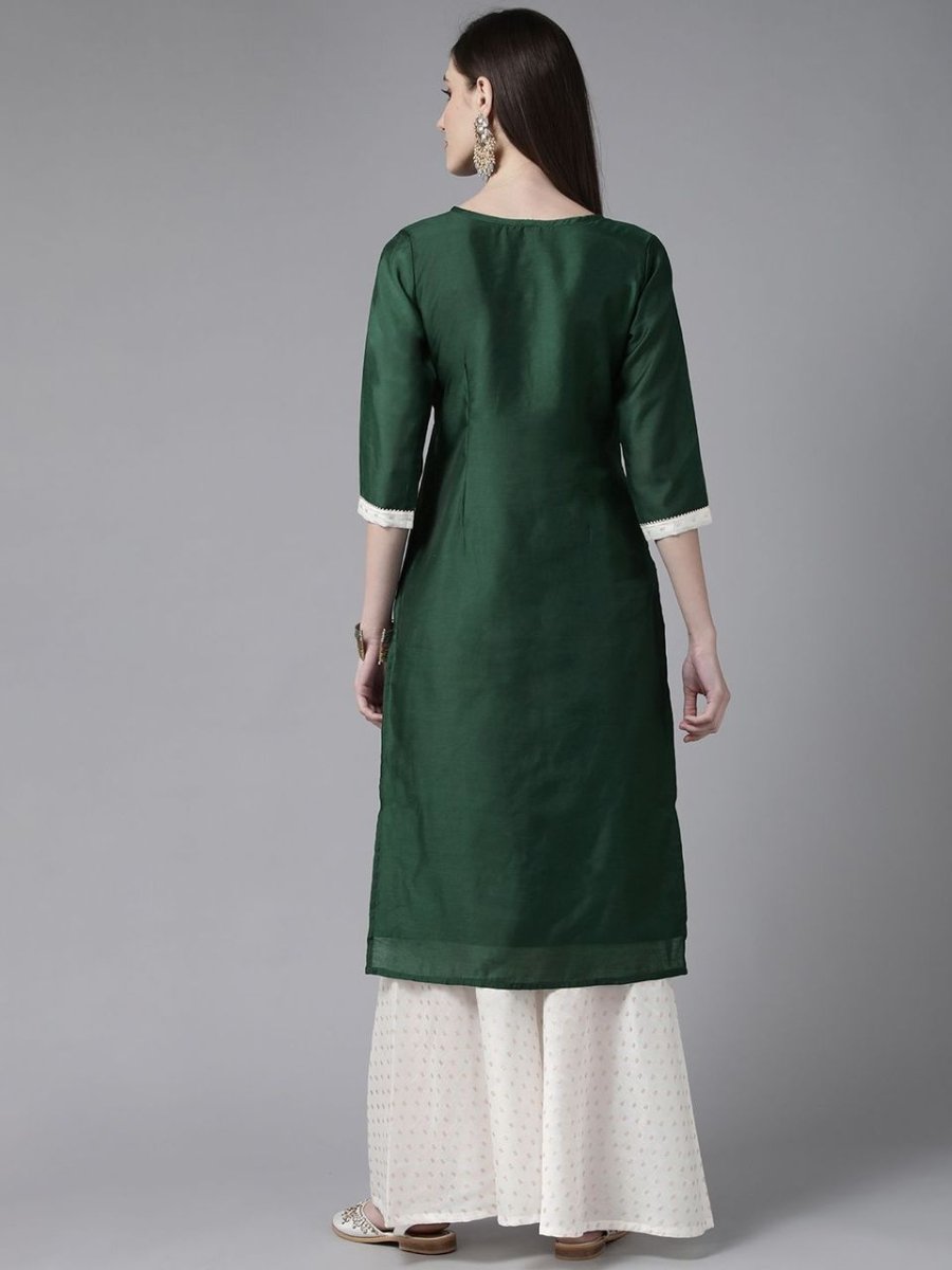 Ahalyaa Women Dark Green Plain Chanderi Kurta with Sharara Set | Grocsy