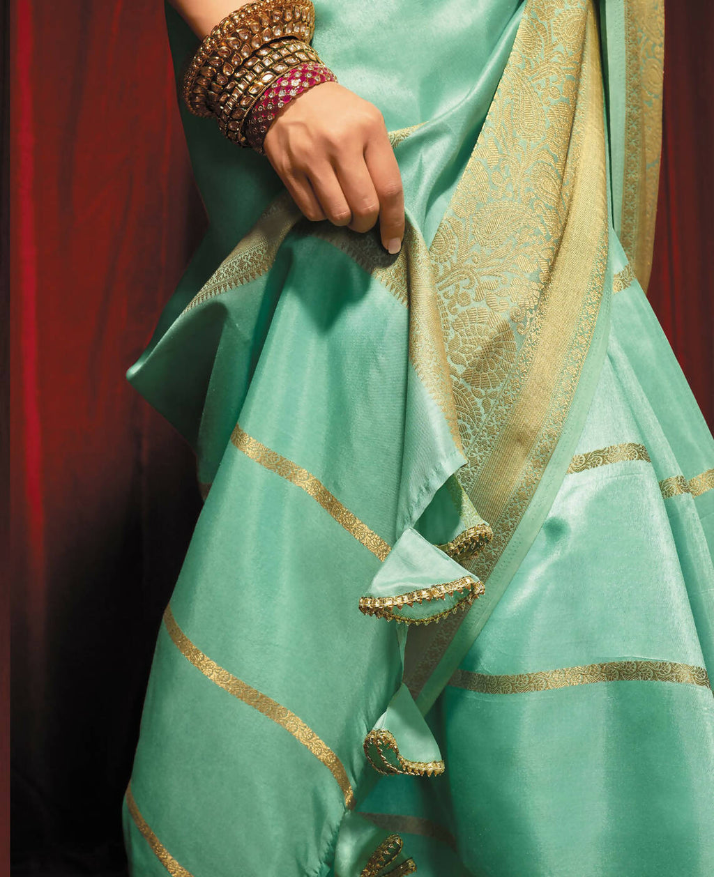 Sea Green Silk Striped Pattern Saree With Unstitched Blouse Piece - Zyanya | Grocsy