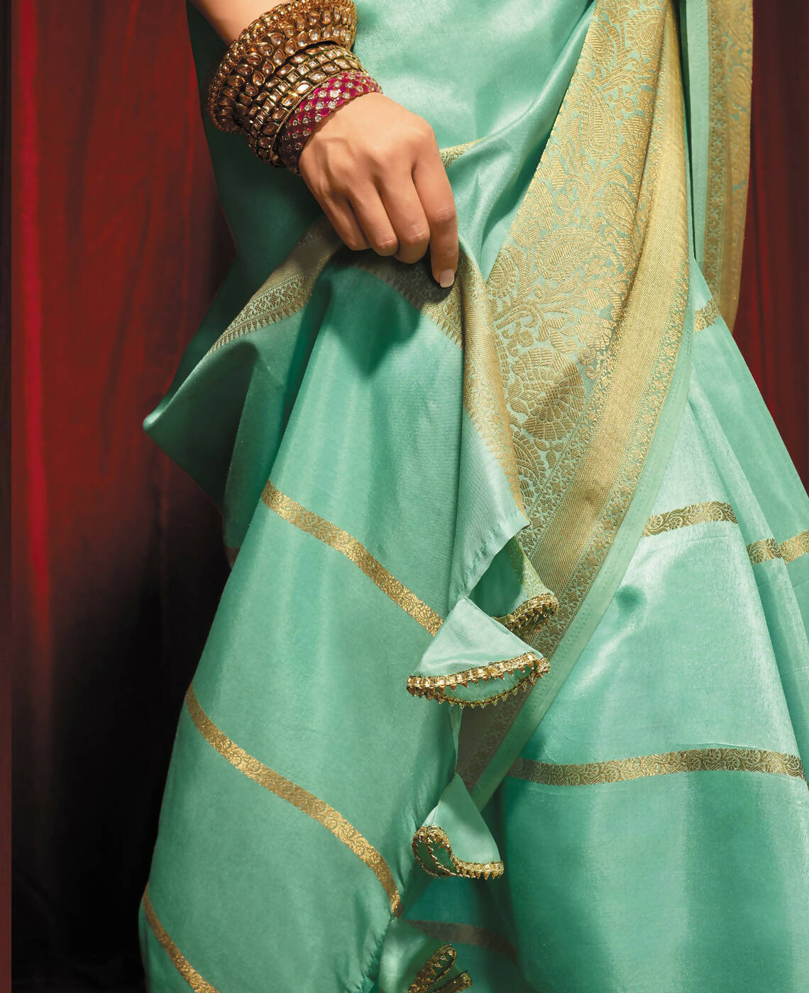 Sea Green Silk Striped Pattern Saree With Unstitched Blouse Piece - Zyanya | Grocsy