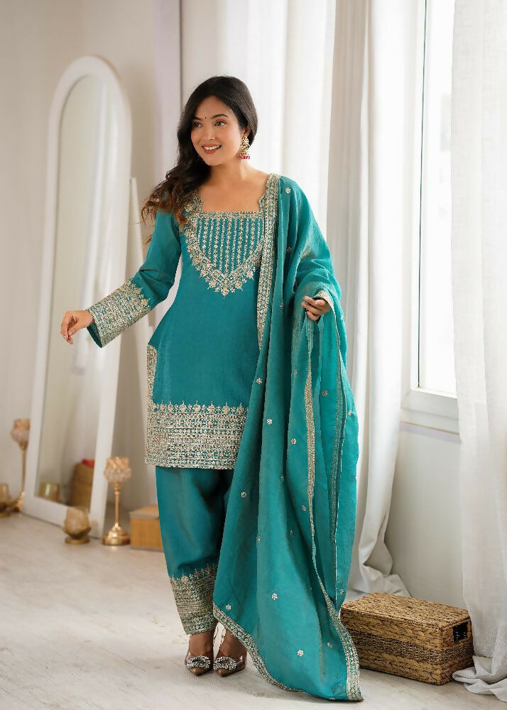 Teeya Creation Designer Rama Green Embroidered Kurta Afghani Pant Set For Festivals | Grocsy