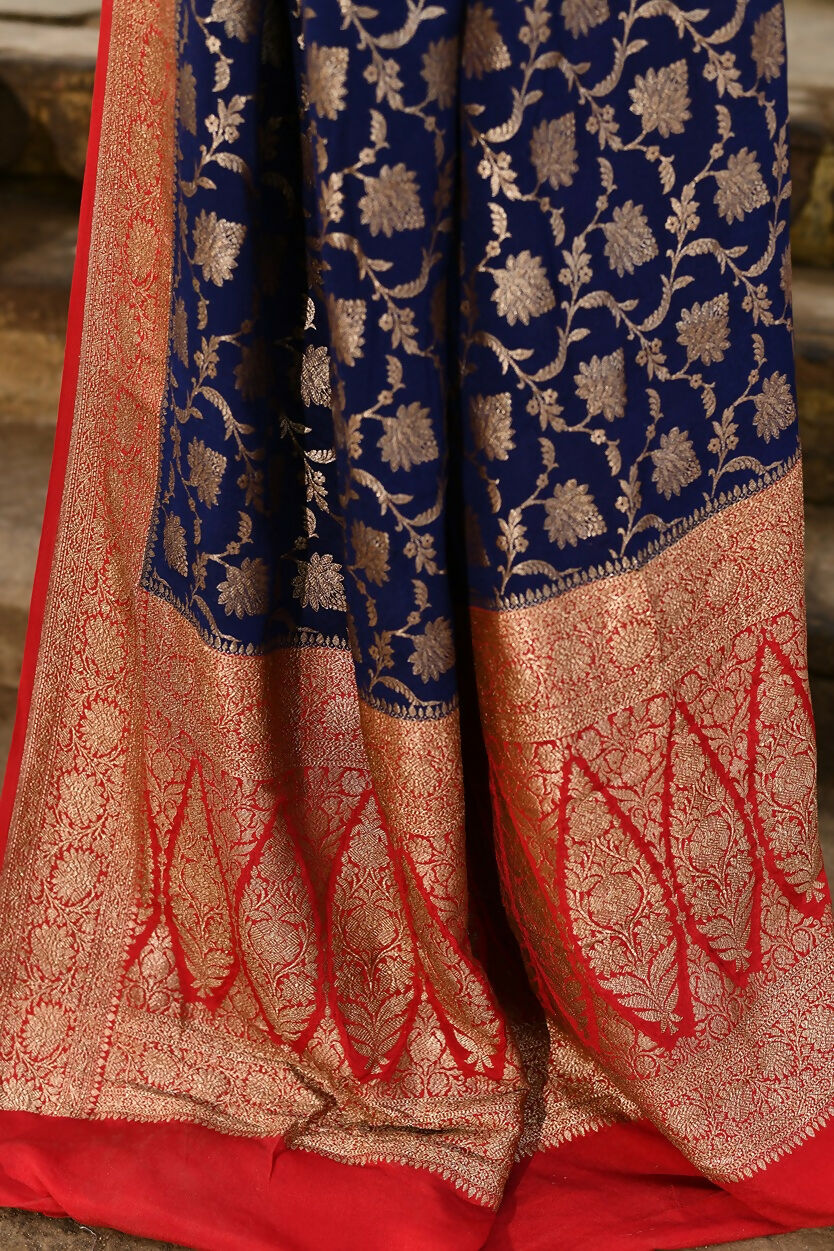 Joban Fashion Navy Blue Crepe Chiffon Pure Handloom Banarasi Silk Saree | Grocsy