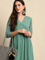 Janasya Women Green Solid Dobby Weave Kurta | Grocsy