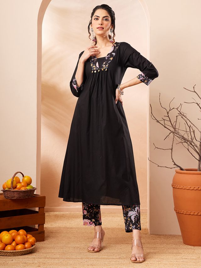 Janasya Black A-Line Cotton Kurta & Bottom | Grocsy