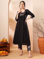 Janasya Black A-Line Cotton Kurta & Bottom | Grocsy