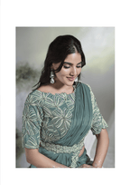 Aqua Blue Crepe Satin Silk Designer Ready to wear saree with stithced Blouse - Mohmanthan Aura | Grocsy