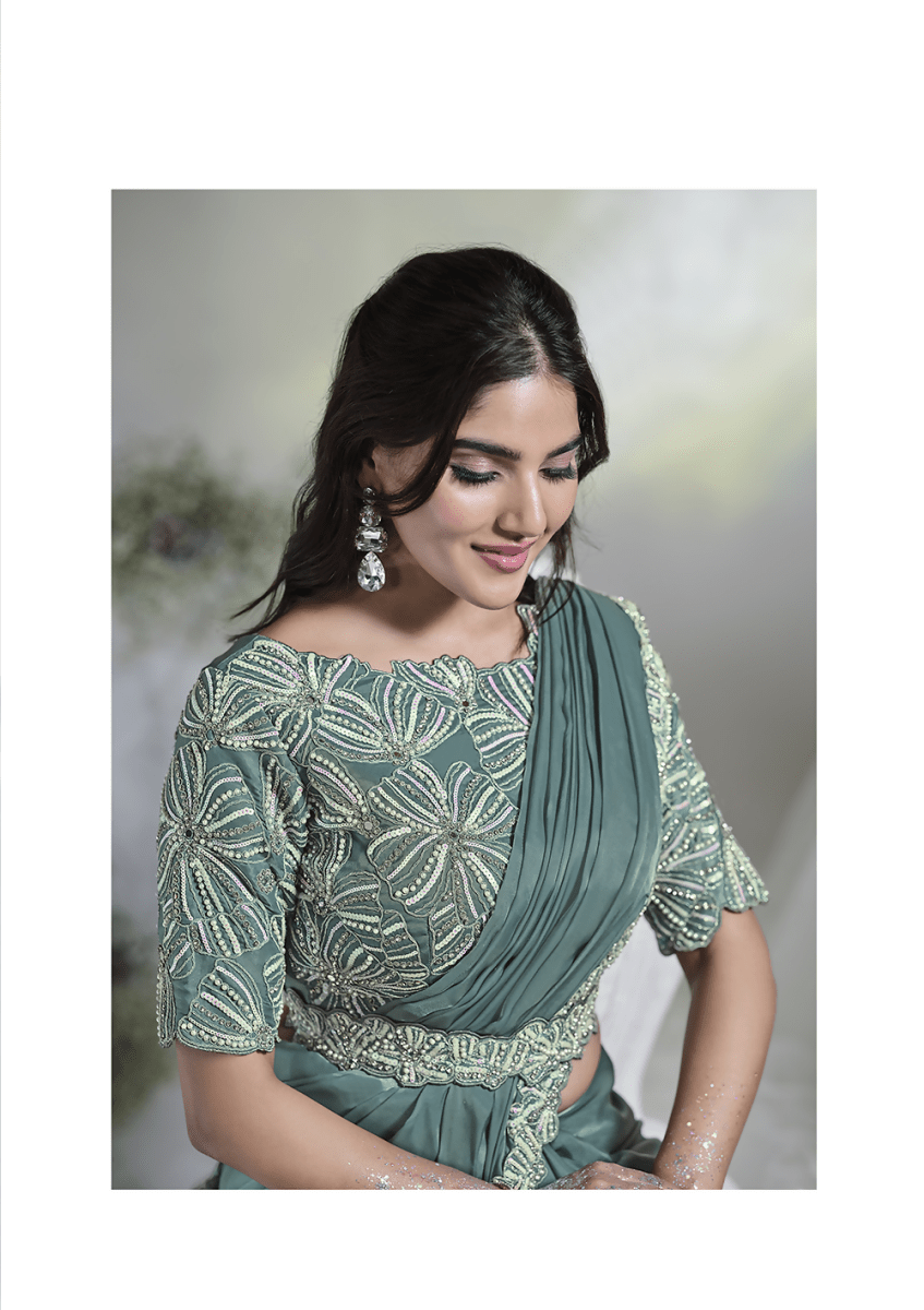 Aqua Blue Crepe Satin Silk Designer Ready to wear saree with stithced Blouse - Mohmanthan Aura | Grocsy