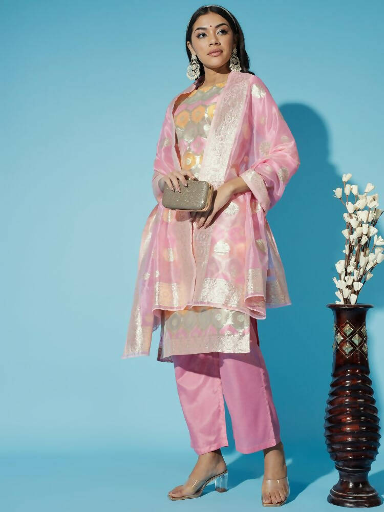 Myshka Women Pink Printed Kurta & Trousers With Dupatta | Grocsy