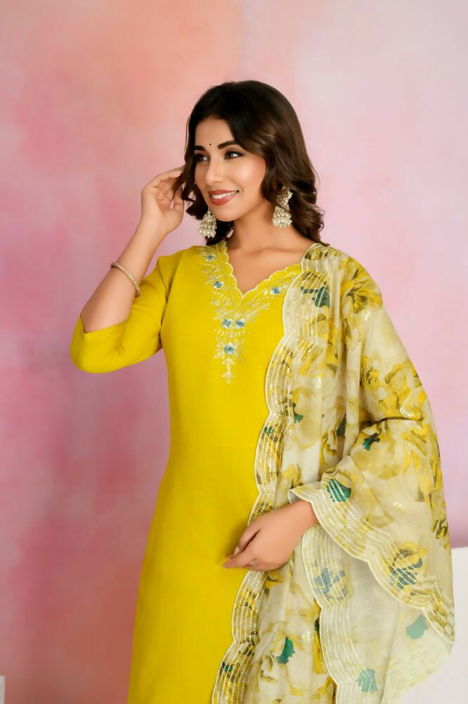 Ethnic Festive Wear Viscose Chanderi Yellow Stitched Suit With Dupatta - Tanisha | Grocsy