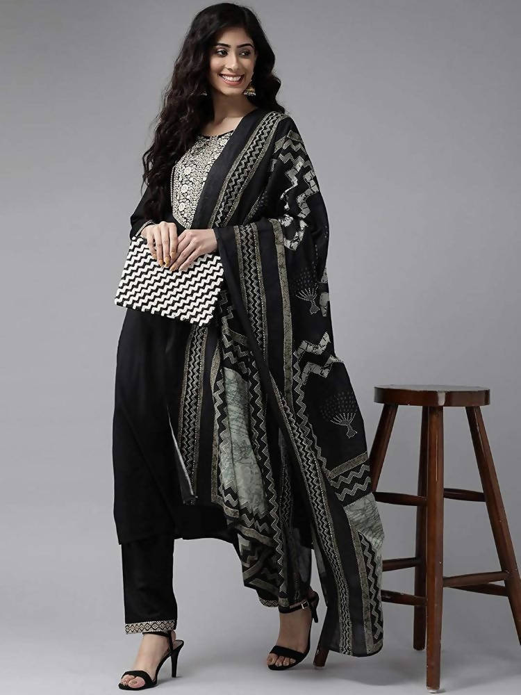 Yufta Women Black & Beige Yoke Design Kurta with Trouser & Dupatta | Grocsy