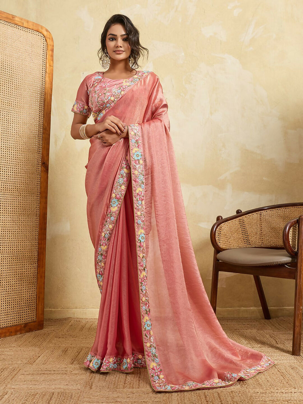 Teeya Creation New Stylish Trendy Party Wear Saree-Peach | Grocsy