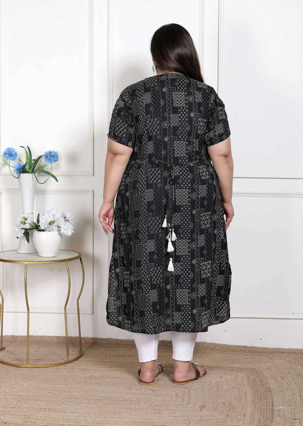 Miravan Women's Plus Size Pure Cotton Black Floral Printed Front Button A-Line Kurta | Grocsy