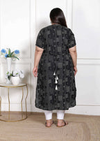 Miravan Women's Plus Size Pure Cotton Black Floral Printed Front Button A-Line Kurta | Grocsy