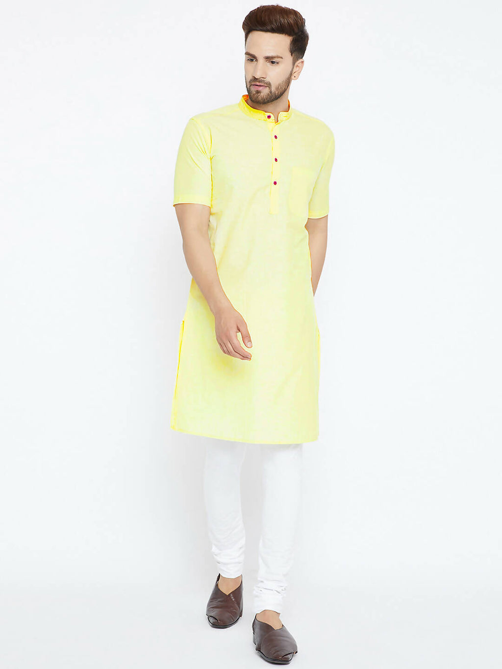 Even Apparels Yellow Color Pure Cotton Men's Kurta With Band Collar | Grocsy