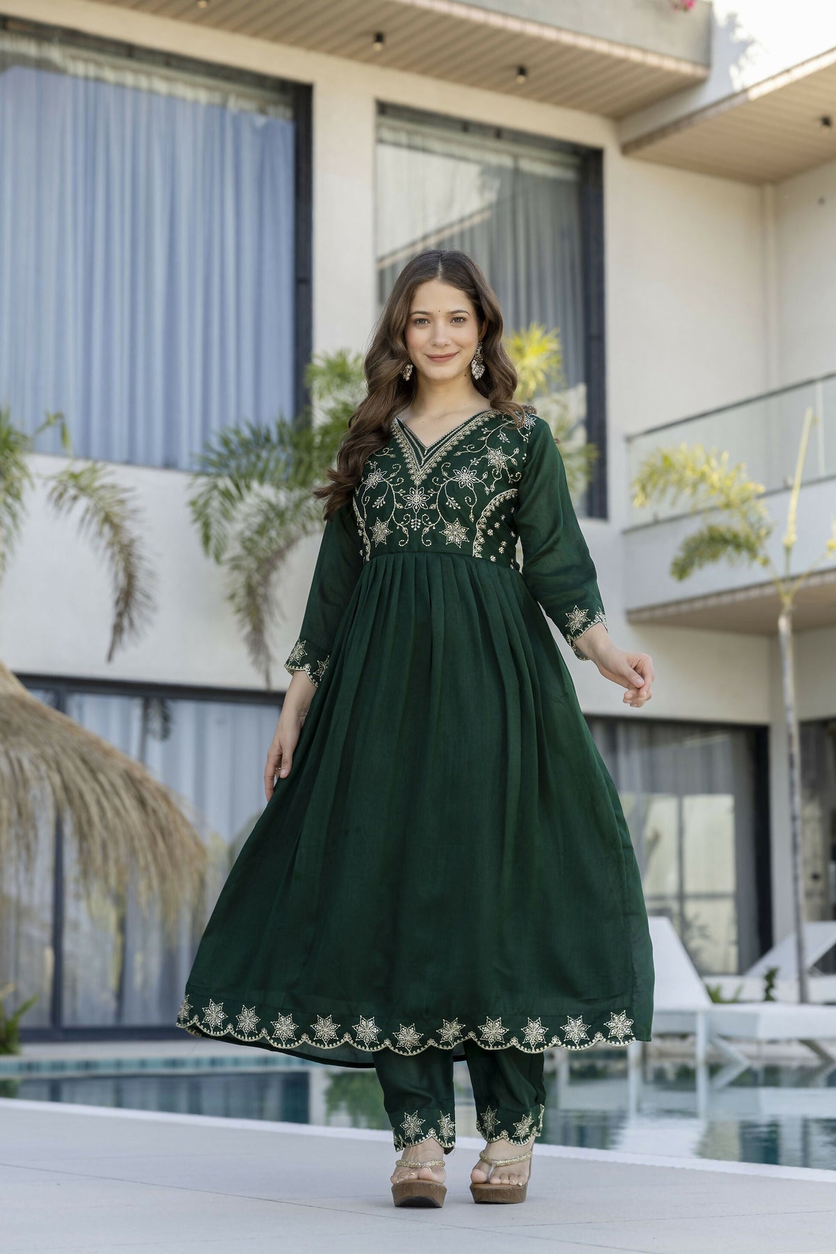 The52 Women's Beautiful Embroidery Work Vichitra Silk Fabric Flared Anarkali Pant and Dupatta Set | Grocsy