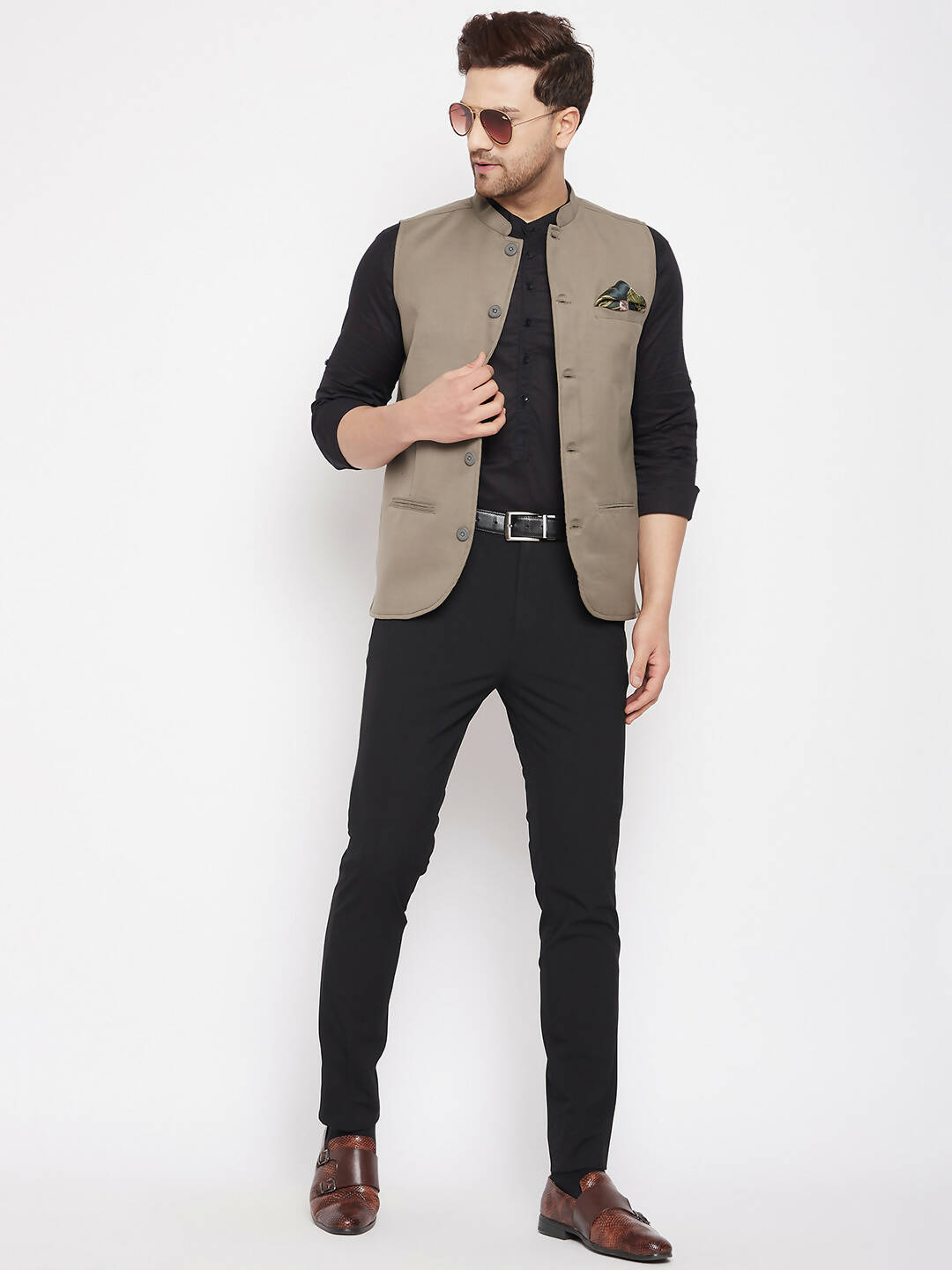 Even Apparels Beige Merino Men Woven Nehru Jacket | Grocsy