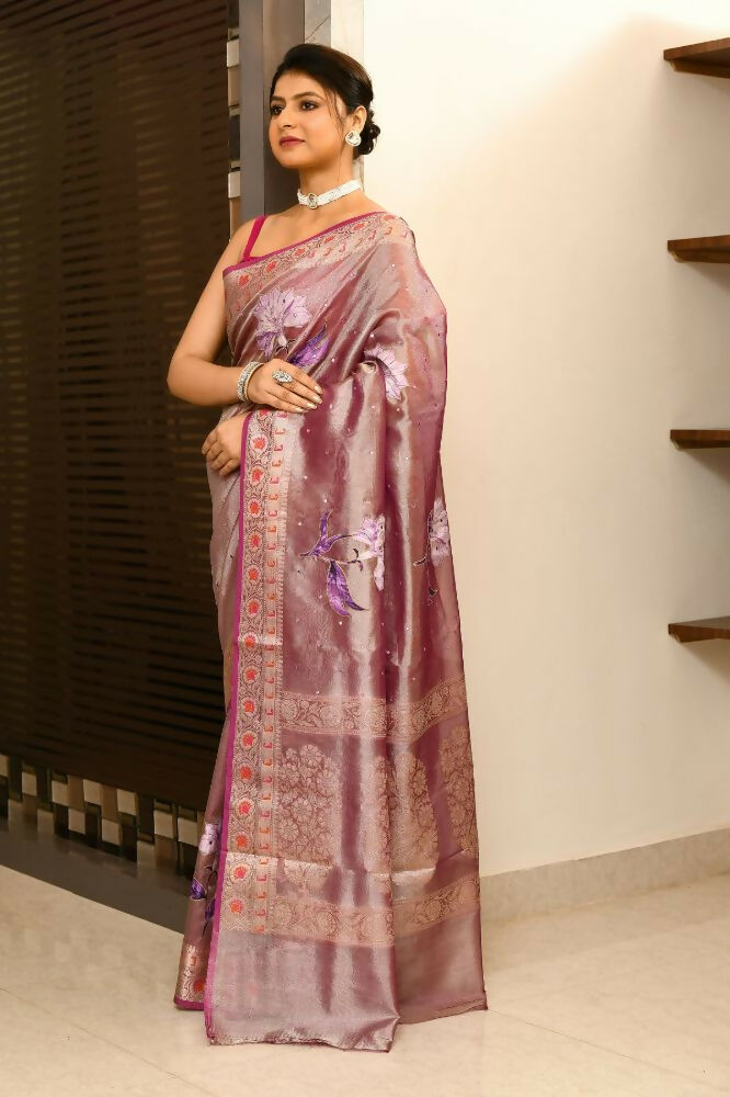 Joban Fashion Purple Saree Tissue Applick With Mirror | Grocsy