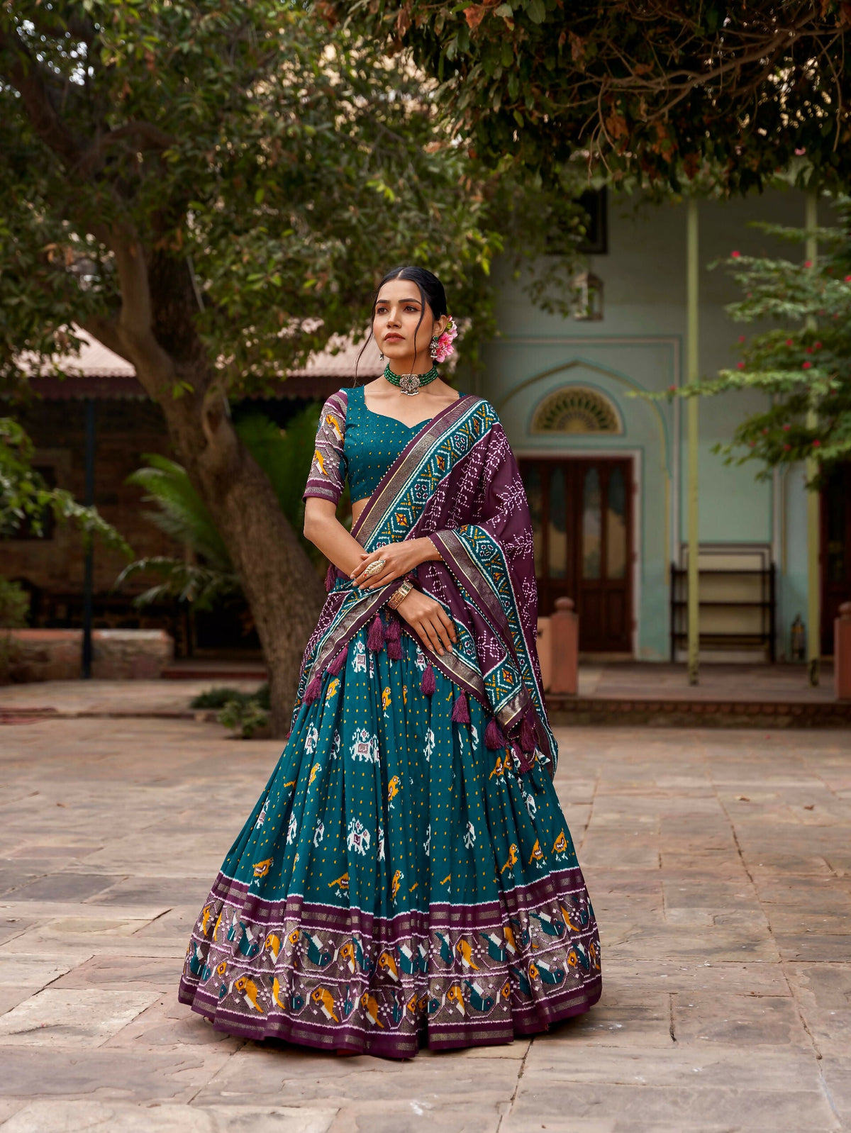 Vastranavya Patola Printed and Foil Work Tussar Silk Lehenga with Unstitched Blouse - Teal | Grocsy