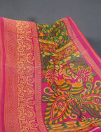 Shades Of Leaf Green Kalamkaari Design Semi Chanderi Saree With Contrast Blouse By Gayathri Reddy Designer Studio | Grocsy