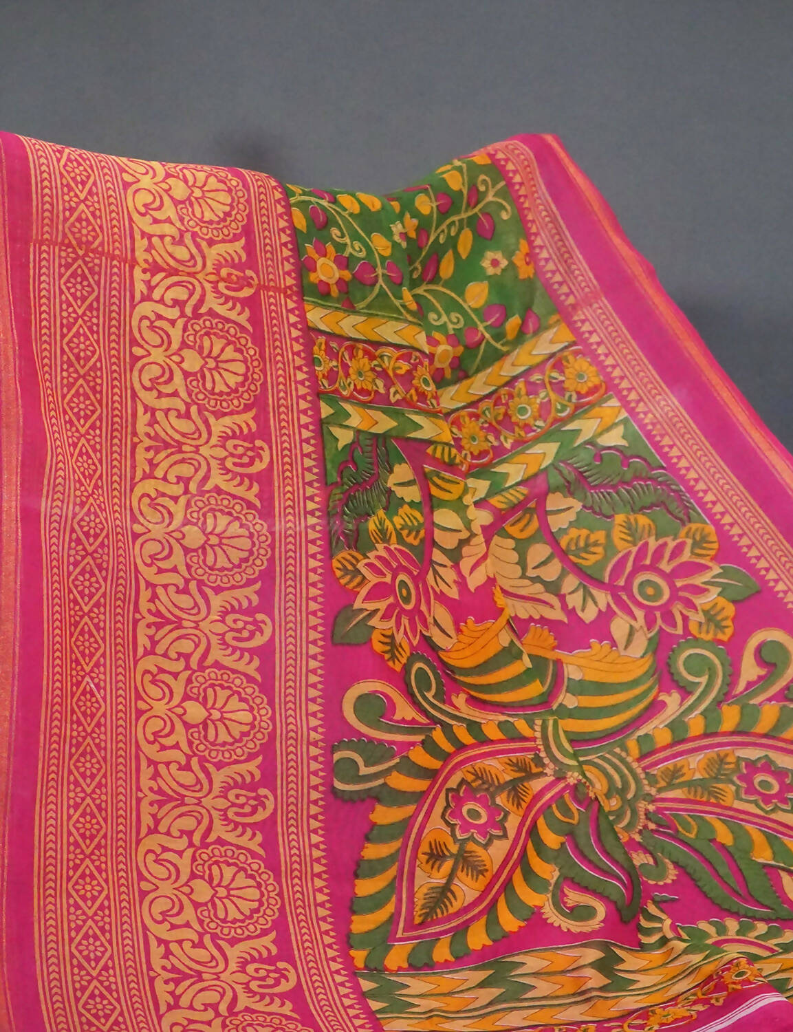 Shades Of Leaf Green Kalamkaari Design Semi Chanderi Saree With Contrast Blouse By Gayathri Reddy Designer Studio | Grocsy