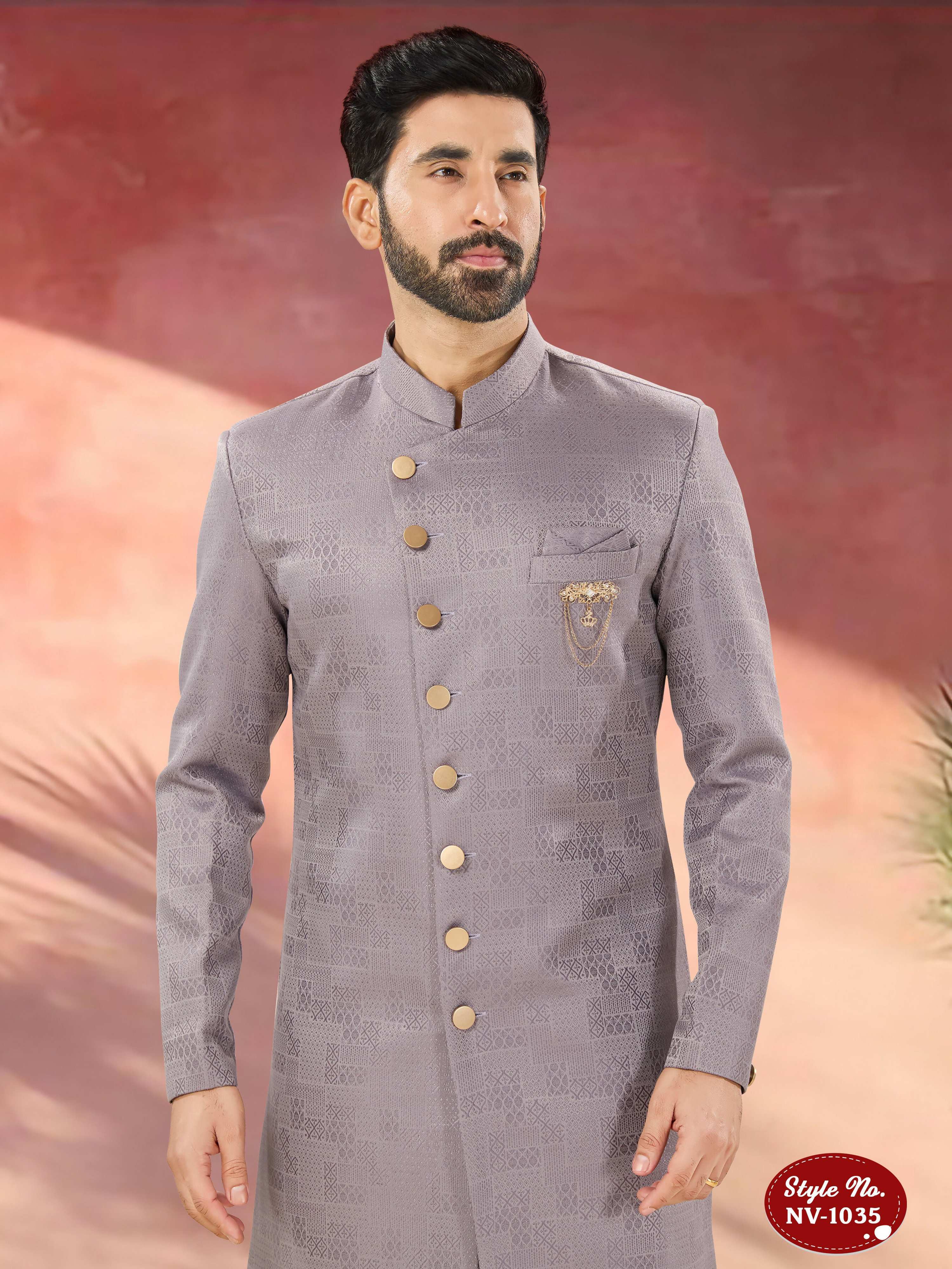 Joban Fashion Men's Light Purple Straight Imported Tr Self-Design In Fabric Indo-Western Kurta Set | Grocsy